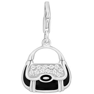 PASTICHE STERLING SILVER 18mm x 20mm BLACK ENAMEL CZ HANDBAG HOOKED ON CLIP CHARM QC036CZBK