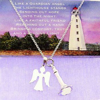 STERLING SILVER ANGEL LIGHTHOUSE CHARM NECKLACE