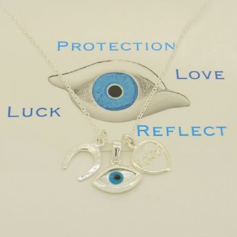 STERLING SILVER EVIL EYE LUCKY HORSESHOE LOVE HEART CHARM NECKLACE