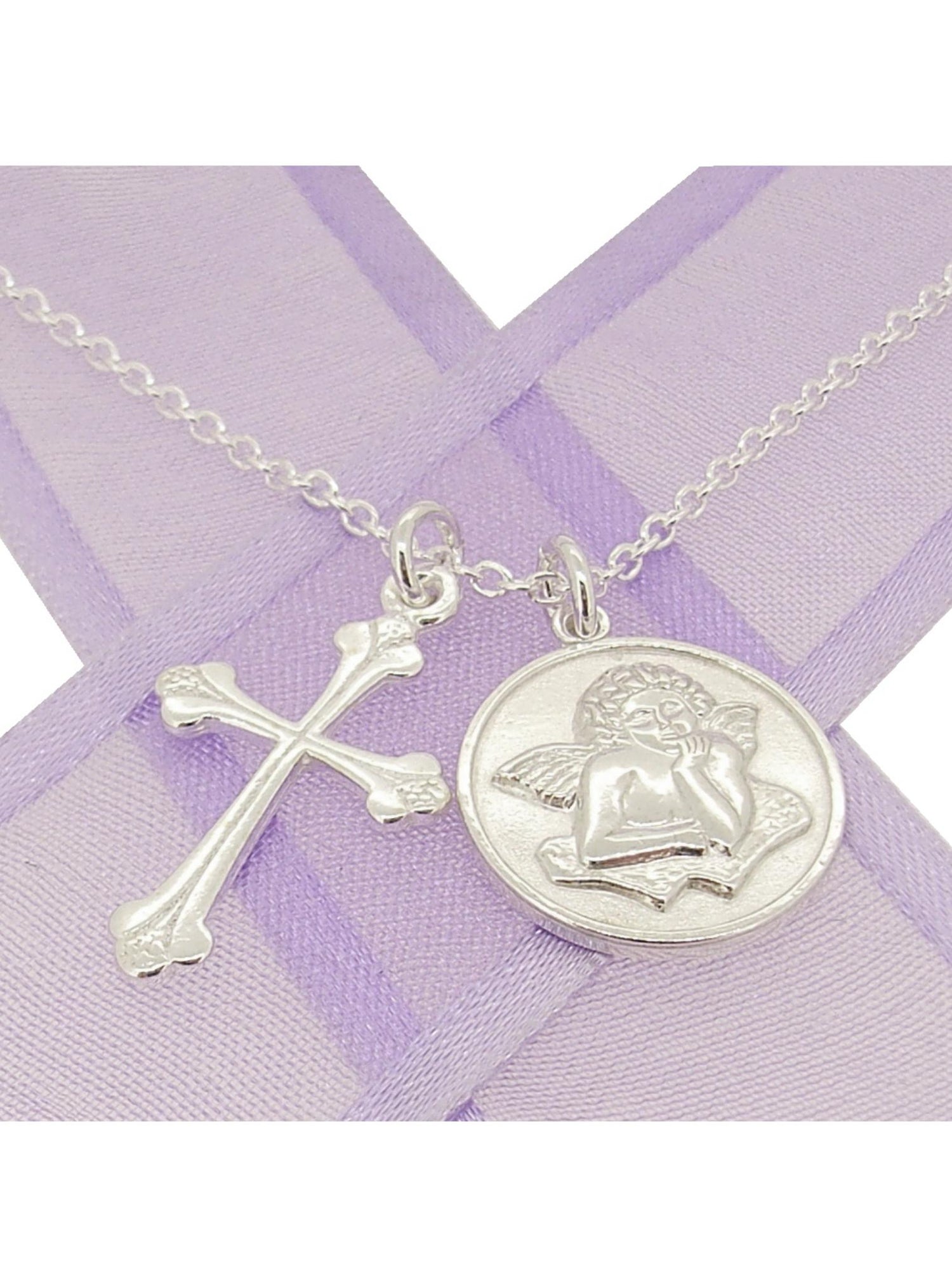 Cross Pendant and Guardian Angel Sterling Silver Necklace