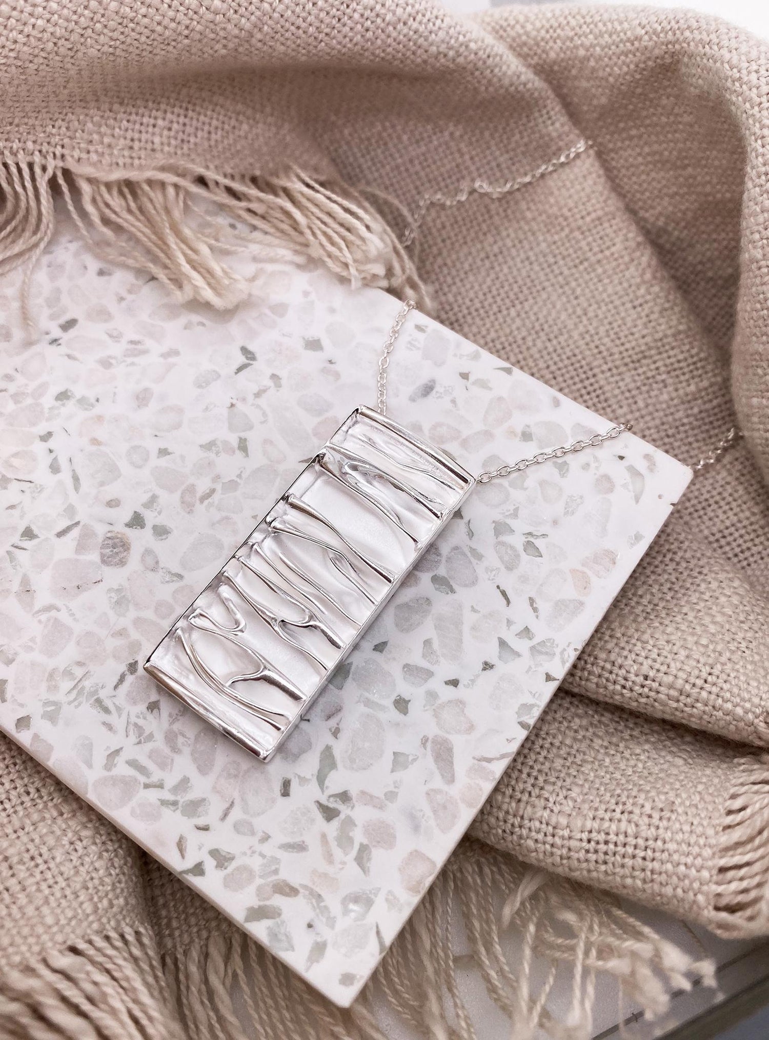 Waves of Love Sterling Silver Large Rectangle Pendant Necklace