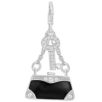 PASTICHE STERLING SILVER 22mm CZ BLACK ENAMEL HANDBAG AND KEY HOOKED ON CLIP CHARM PENDANT QC130CZBK