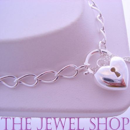 18cm ADJUSTABLE SIZE 7g STERLING SILVER CURB PUFFED HEART PADLOCK BRACELET