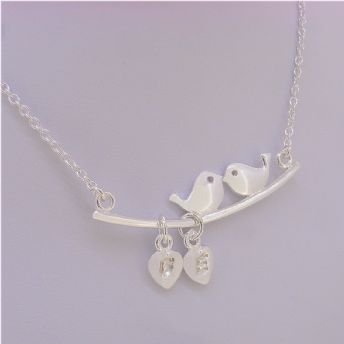 PERSONALISED STERLING SILVER LOVE BIRDS on a Tree Branch CHARM CABLE NECKLACE