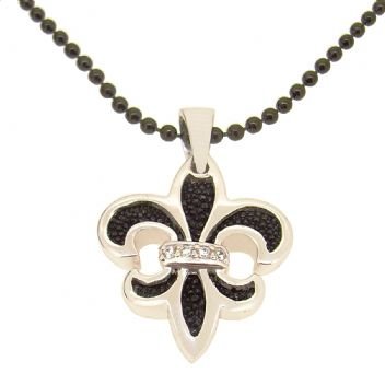 STERLING SILVER FLEUR DE LIS CHARM BLACK STEEL NECKLACE