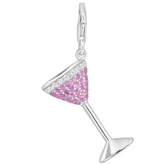 PASTICHE STERLING SILVER LARGE PINK CZ MARTINI GLASS HOOKED ON CLIP CHARM PENDANT QC060PI