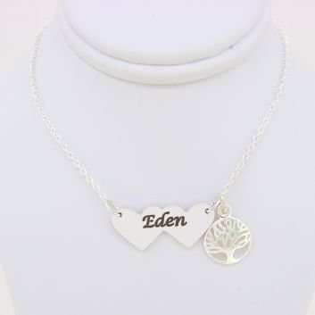 STERLING SILVER DOUBLE HEART IDENTITY MESSAGE DESIGN PERSONALISED TREE OF LIFE CHARM NECKLACE