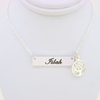 STERLING SILVER RECTANGLE IDENTITY MESSAGE DESIGN PERSONALISED TREE OF LIFE CHARM NECKLACE