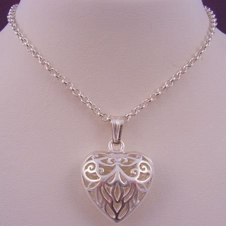 12g STERLING SILVER FILIGREE HEART PENDANT 60cm BELCHER CHAIN NECKLACE