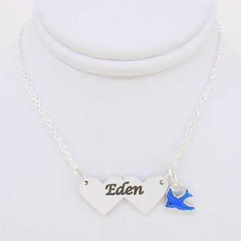 STERLING SILVER DOUBLE HEART IDENTITY MESSAGE DESIGN PERSONALISED BLUEBIRD CHARM NECKLACE