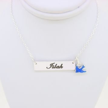 STERLING SILVER RECTANGLE IDENTITY MESSAGE DESIGN PERSONALISED BLUEBIRD CHARM NECKLACE