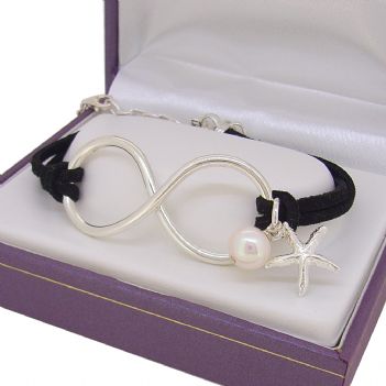 STERLING SILVER INFINITY SYMBOL UNISEX DESIGN CHARM SUEDE PEARL STARFISH CHARM BRACELET