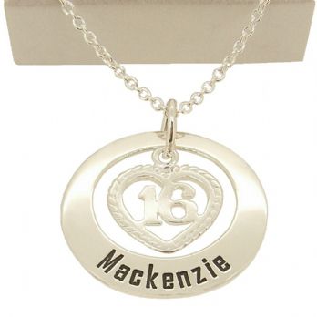 27mm CIRCLE OF LIFE 16th 16 BIRTHDAY HEART PERSONALISED NAME PENDANT NECKLACE
