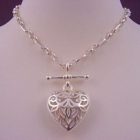 14.5g STERLING SILVER FIGARO BELCHER LARGE HEART PENDANT CHARM TBAR FOB NECKLACE