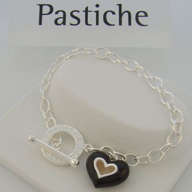 PASTICHE STERLING SILVER 5.5mm CABLE BLACK ENAMEL HEART TOGGLE CHARM BRACELET CB434BK