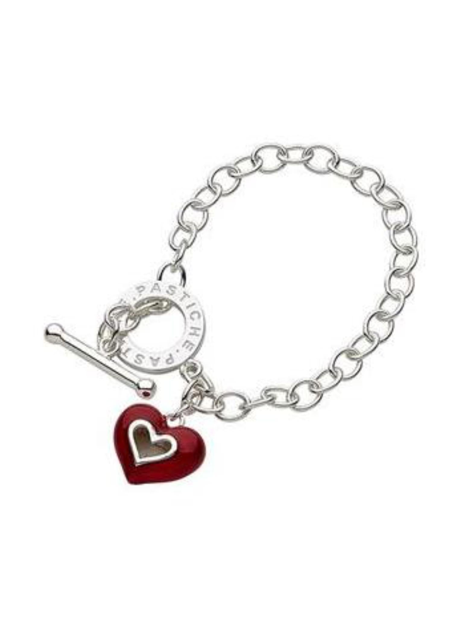 Pastiche Sterling Silver 5.5mm Cable Red Enamel Heart Toggle Charm Bracelet