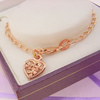 9CT ROSE GOLD 15cm ADJUST SIZE 9mm HEART CHARM CURB BABY CHILD CHARM BRACELET -BLET_9R_0001