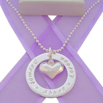 28mm CIRCLE OF LIFE PERSONALISED 14mm HEART CHARM NAME PENDANT NECKLACE -28mmFP136-14mmHEART-2mmBALL