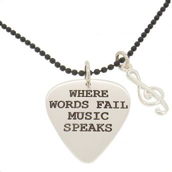 26mm x 30mm UNISEX PERSONALISED GUITAR PICK MESSAGE PENDANT MUSIC TREBLE NOTE BLACK BALL STEEL CHAIN