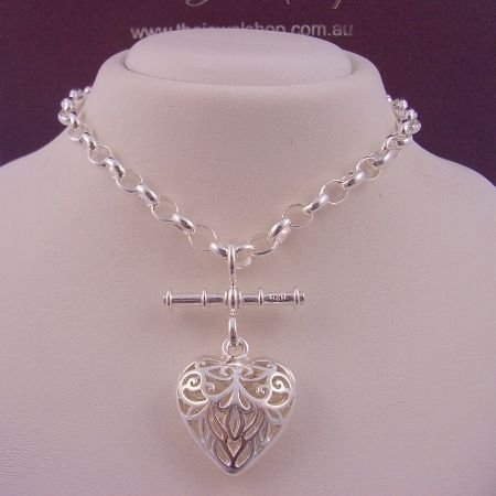 20g STERLING SILVER OVAL BELCHER LARGE FILIGREE HEART PENDANT CHARM TBAR FOB NECKLACE 45cm