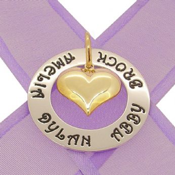 28mm CIRCLE OF LIFE PERSONALISED FAMILY NAME PENDANT 9CT GOLD PUFFED LOVE HEART CHARM