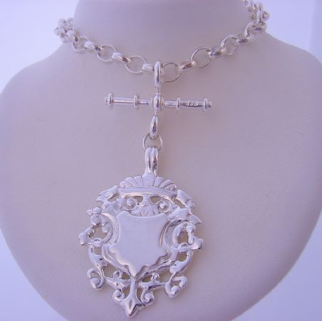23.7g STERLING SILVER FOB CHAIN TBAR BELCHER SHIELD PENDANT CHARM NECKLACE