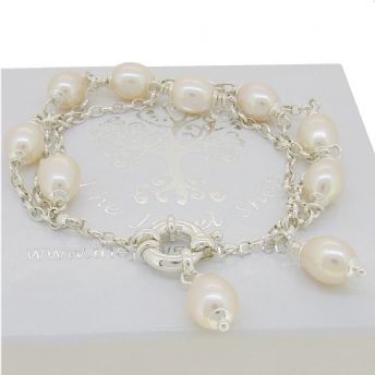 STERLING SILVER TRIPLE ROW BELCHER CHAIN DESIGN FRESHWATER PEARL BRACELET