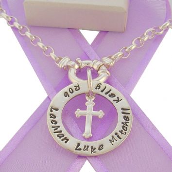 28mm CIRCLE OF LIFE PERSONALISED FAMILY NAME PENDANT & CROSS CHARM NECKLACE BELCHER -28mm-FP136-CROSS-HR2392-BO3