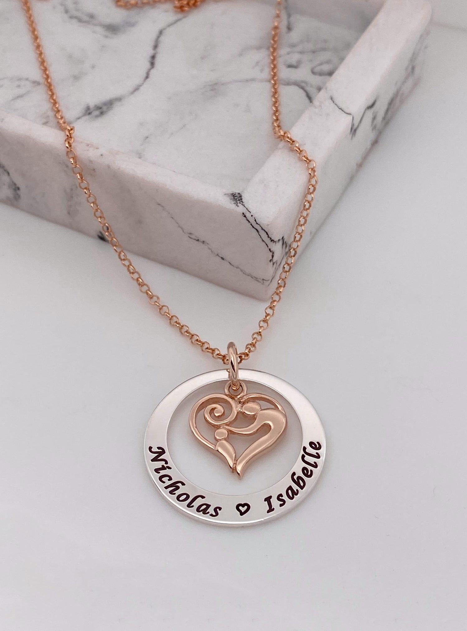 29mm Circle of Life 9ct Rose Gold Mother Baby Love Heart Personalised Family Name Pendant