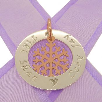 28mm CIRCLE OF LIFE PERSONALISED FAMILY NAME PENDANT & 9CT ROSE GOLD 15mm SNOWFLAKE CHARM -28mm-KB92-9r