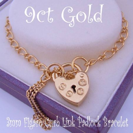 16.5cm 9CT GOLD 2.9mm FIGARO CURB PADLOCK BRACELET