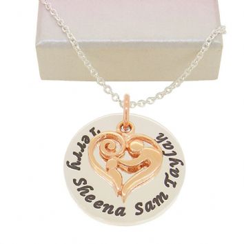 25mm ROUND PERSONALISED 9CT ROSE GOLD MOTHER BABY HEART NAME PENDANT