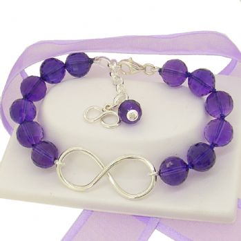 STERLING SILVER INFINITY SYMBOL DESIGN CHARM 10mm AMETHYST GEM BEAD BRACELET