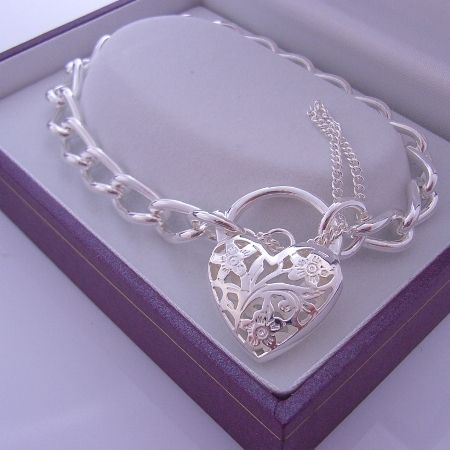 22g STERLING SILVER LARGE CURB PADLOCK BRACELET 19cm