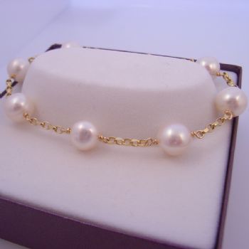 9CT GOLD 2.5mm BELCHER BRACELET with NATURAL WHITE FRESHWATER PEARLS -BLET_9Y_BO1FW