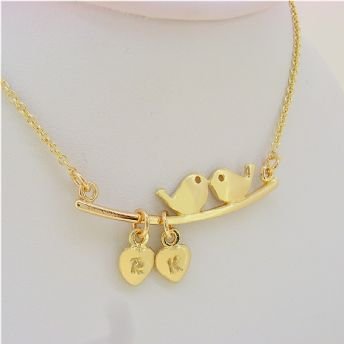 PERSONALISED 9CT SOLID GOLD LOVE BIRDS on a Tree Branch CHARM CABLE NECKLACE