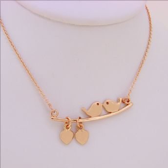 PERSONALISED 9CT SOLID ROSE GOLD LOVE BIRDS on a Tree Branch CHARM CABLE NECKLACE