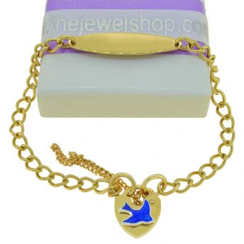9CT GOLD 4mm CURB IDENTITY BLUEBIRD PADLOCK BRACELET
