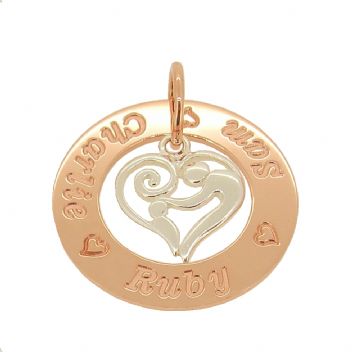 9CT ROSE GOLD 28mm CIRCLE OF LIFE PERSONALISED FAMILY NAME PENDANT & STERLING SILVER 16mm MOTHER & BABY CHILD CHARM
