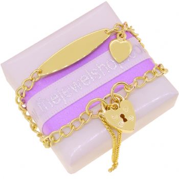 9CT GOLD 3.8mm CURB IDENTITY FLAT HEART PADLOCK CHARM BRACELET