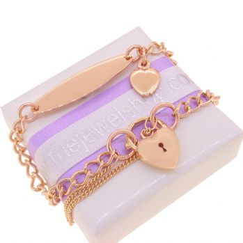 9CT ROSE GOLD 3.8mm CURB IDENTITY PUFFED HEART PADLOCK CHARM BRACELET