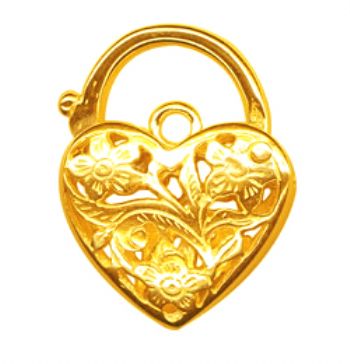 9CT YELLOW GOLD 21MM FILIGREE HEART PADLOCK CLASP