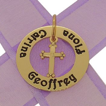 9CT GOLD 28mm CIRCLE OF LIFE PERSONALISED FAMILY NAME PENDANT 10mm CROSS CHARM -28mm-KBC29-HR2392-9Y