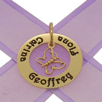 9CT GOLD 28mm CIRCLE OF LIFE PERSONALISED FAMILY NAME PENDANT 12mm BUTTERFLY CHARM -28mm-KBC29-HR1072-9Y
