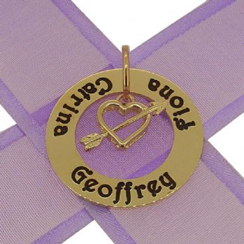 9CT GOLD 28mm CIRCLE OF LIFE PERSONALISED FAMILY NAME PENDANT HEART and ARROW CHARM -28mm-KBC29-HR250-9RY