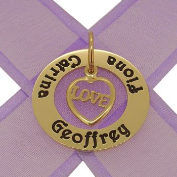 9CT GOLD 28mm CIRCLE OF LIFE PERSONALISED FAMILY NAME PENDANT LOVE HEART CHARM -28mm-KBC29-HR1560-9Y