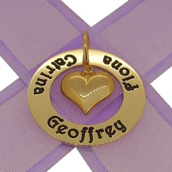 9CT GOLD 28mm CIRCLE OF LIFE PERSONALISED FAMILY NAME PENDANT PUFFED HEART CHARM -28mm-KBC29-JC1442-9Y