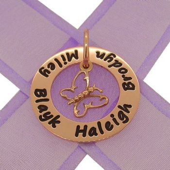 9CT ROSE GOLD 28mm CIRCLE OF LIFE PERSONALISED FAMILY NAME PENDANT 12mm BUTTERFLY CHARM -28mm-KBC29-HR1072-9R