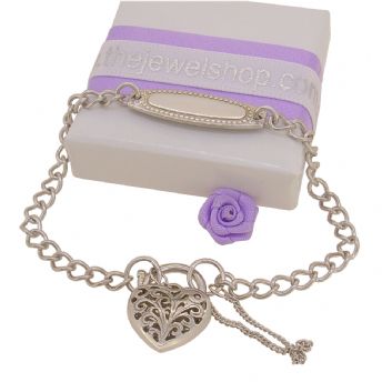 9CT WHITE GOLD 4mm CURB EMOSSED IDENTITY FILIGREE PADLOCK BRACELET