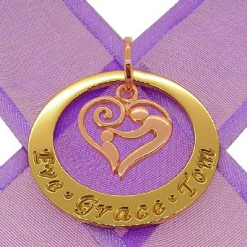 9CT GOLD 29mm CIRCLE OF LIFE 9CT ROSE GOLD MOTHER BABY LOVE HEART PERSONALISED FAMILY NAME PENDANT